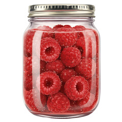 Jar filled with vibrant red raspberries suspended in a clear liquid with tiny bubbles isolated on white background
