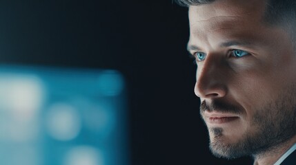 programmer. A focused programmer with lines of code projected in the background, illuminated by cool blue light. product launch decks.