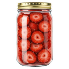 Jar of freshly sliced strawberries preserved in sweet syrup, ready to eat isolated on white background