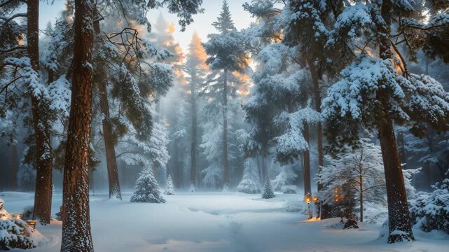 Beautiful Winter Landscape: Snow Falling Through Trees in a Cozy Christmas Forest