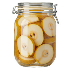 Preserved pear slices in a glass jar with metal clasp and bubbles isolated on white background