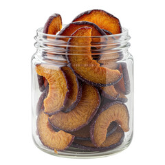 Glass jar filled with sun-dried plum slices isolated on white background