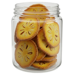 Sliced bael fruit preserved in a clear glass jar, close up view isolated on white background