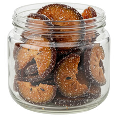 Preserved quince slices in a glass jar, sugared and ready to eat isolated on white background