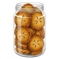 Jar of dried apple slices with star-shaped cores and textured edges isolated on white background