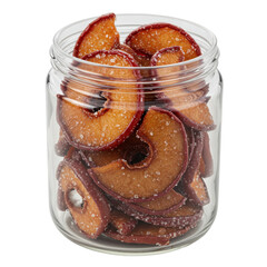 Glass jar filled with sweet and salty dehydrated apple slices isolated on white background