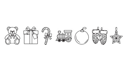 Collection of hand-drawn holiday icons featuring teddy bear gift candy cane menorah ornament and star silhouette