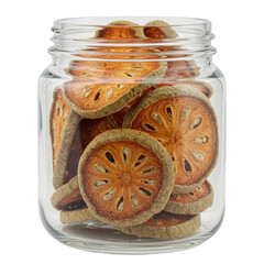 Dehydrated fruit slices in a clear glass jar isolated on white background