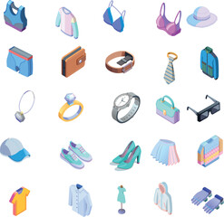 Isometric Fashion, Clothing, and Accessories Icons Set