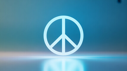 A glowing peace symbol on a gradient blue background with a reflective surface below.