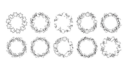 Collection of hand-drawn decorative circular wreaths and frames with botanical elements silhouette