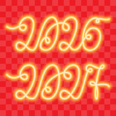 2026 2027 One Continuous Line Neon Glowing New Years Dates Chines New Year colors Gold on Red Fond