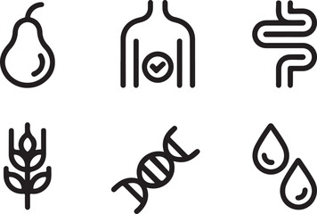 Obraz premium Minimalist line art illustration set with icons for health, food, digestion, genetics, and nutrition concepts