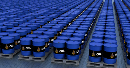 Blue petroleum steel oil drums on pallets