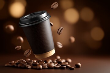 High-end coffee cup to go, surrounded by scattered coffee beans, set against a rich brown background with soft bokeh lights creating an elegant atmosphere
