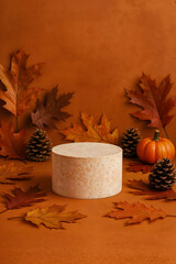 Empty Podium for autumn-related product placement and advertising 