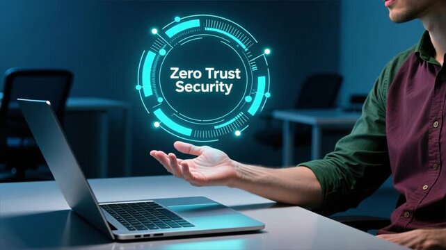 Professional man holding glowing holographic zero trust security interface, concept of secure identity and trust control in advanced tech security