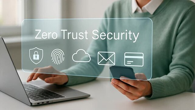 Professional in green sweater uses laptop and smartphone with glowing zero trust security icons, concept of secure identity and trust control in cybersecurity