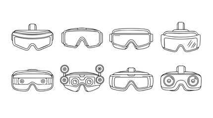 Collection of hand drawn goggles and vr headsets for futuristic and protective wear silhouette