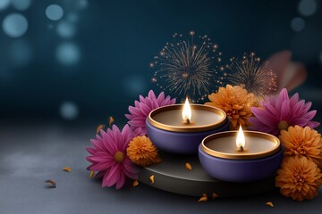 Vector illustration of Diwali festival banner featuring vibrant flowers, decorative candles, and colorful fireworks, creating a festive atmosphere with copy space for text