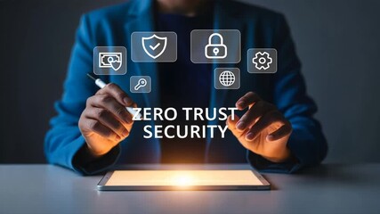 Professional man in suit uses tablet and stylus pointing holographic zero trust security text and icons, showing secure identity and trust control in interactive cybersecurity design - Powered by Adobe