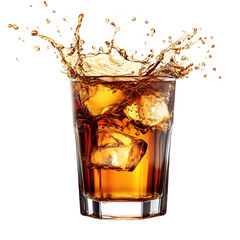 Refreshing Drink Splashing Out of Glass on Clean White Background