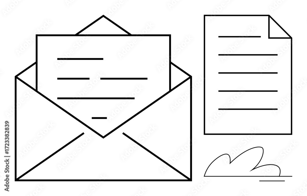 Poster open envelope with visible letter inside next to standalone document ideal for communication, corres