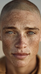 Obraz premium A tight, vertical close-up portrait of a person with a shaved head and a neutral expression. The image is focused on their face, highlighting the dense pattern of freckles and the light color of their