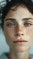 Obraz premium A vertical, detailed close-up portrait of a woman with dark, curly hair and expressive eyes. The image focuses on the lower half of her face, highlighting the natural texture of her skin and the scatt