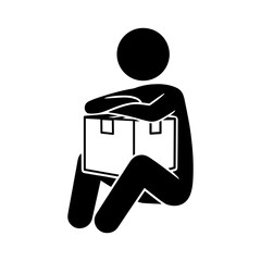 Sad stickman sitting and hugging box icon. Black silhouette pictogram of depressed man with package, lonely courier, stress from delivery, logistics problem, waiting parcel, isolated vector design.