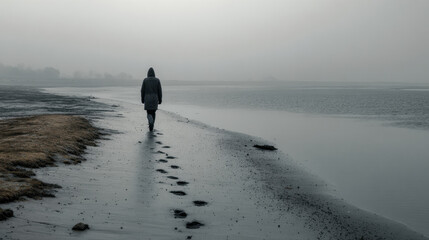 Lonely person walking along a misty beach shore leaving footprints in the wet sand as the ocean waves gently lap at the shore under a gray sky.