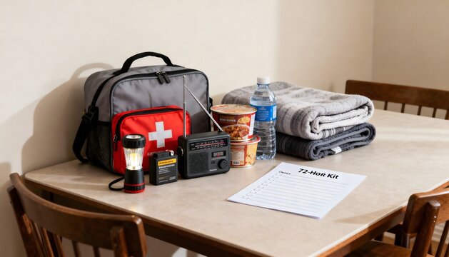 72-hour survival kit displayed on dining table with backpack, flashlight, canned food, bottled water, radio, blankets and checklist. Symbol of resilience, crisis preparedness, and family safety.