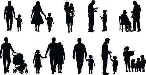 Family silhouettes, parents with children, mother and father clipart, parenting vector, stroller, grandparents, kids, childcare, family icons, illustration set