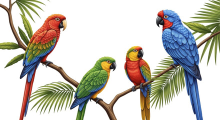 Obraz premium A vibrant gathering of colorful parrots perched on tropical branches, showcasing their plumage and creating a lively and exotic scene, isolated on white background