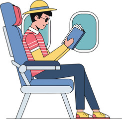 Person wearing hat reading book on airplane seat glasses shirt
