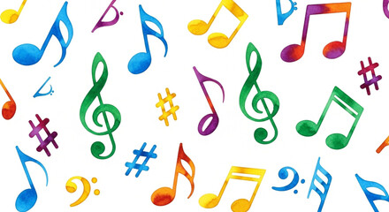 Colorful watercolor music notes seamless pattern isolated on white background hand painted musical symbols illustration for creative design, wrapping paper, fabric, wallpaper