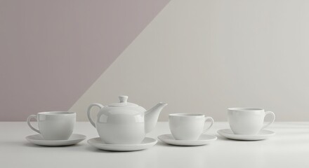 Elegant White Teapot and Cups Set on Minimalist Background