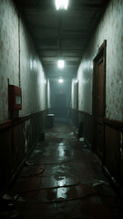 Fototapeta premium A dimly lit hallway with flickering lights, peeling wallpaper