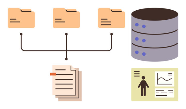 Folder network, database stack, documents, and data dashboard. Ideal for database design, data analysis, file storage, digital transformation, workflow optimization office systems technology