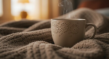 Warm Coffee Cup on Cozy Blanket with Steam in Soft Lighting