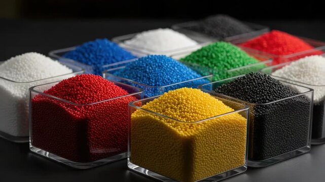 Assorted 3D printer filament in various colors for prototyping and manufacturing, showing different shades of plastic for 3D printer. Colorful plastic granules,