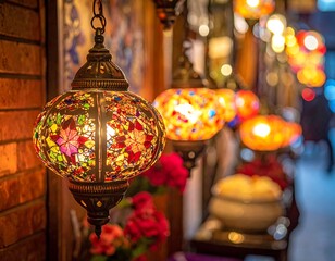 Naklejka premium Colorful lanterns hanging in a row