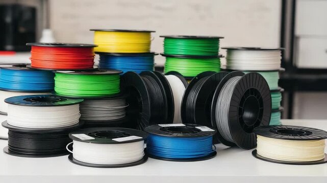 Stacks of 3D printer filament in various colors displayed on white surface, showcasing materials used in additive manufacturing.