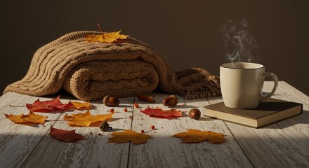 Cozy Autumn Scene with Blanket, Leaves, Cup, and Book on Table