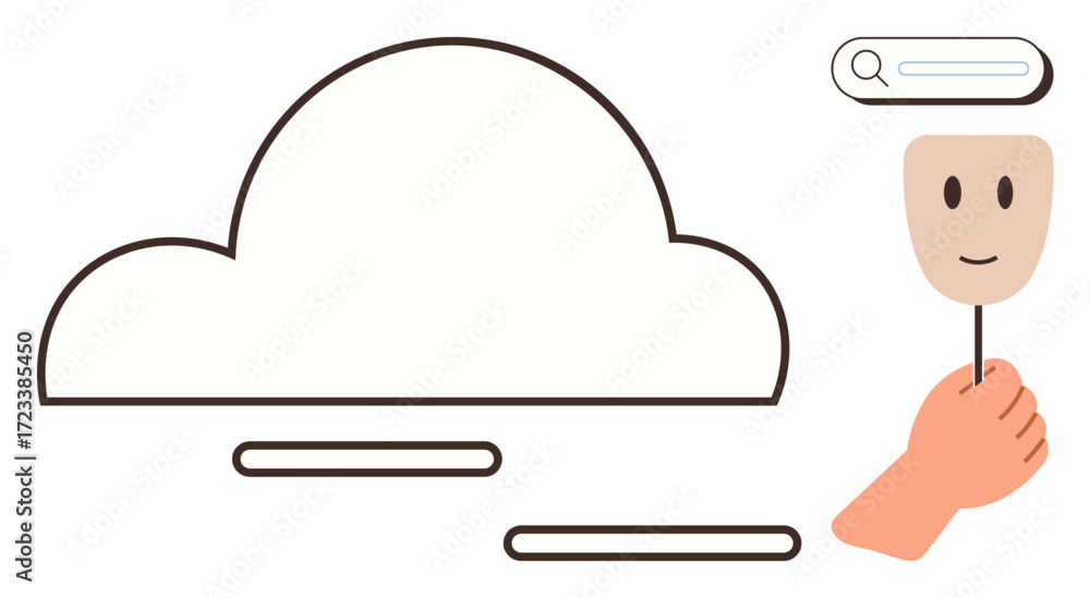 Poster hand holding a smiling mask near a simple cloud shape and search bar element. ideal for themes thumb