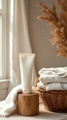 Fototapeta premium A cosmetic tube mockup is displayed on a wooden podium with soft towels and dried grass in a cozy, rustic spa setting.
