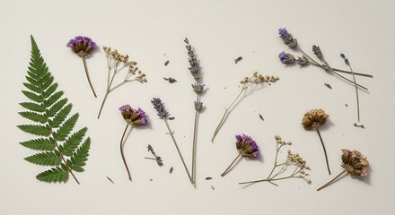 Dried Flowers and Fern Leaves Arranged on a Light Background