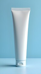 A blank white cosmetic tube stands against a clean blue background, a simple and minimalist mockup for beauty and hygiene products.