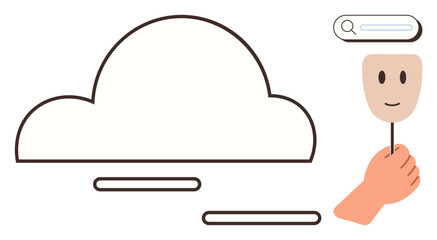 Hand holding a smiling mask near a simple cloud shape and search bar element. Ideal for themes thumbs up identity, privacy, technology, cloud storage, search, data, creativity. Clean simple flat