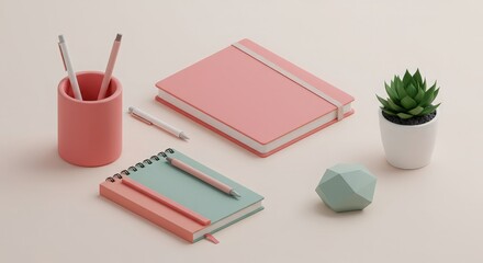 Pastel Workspace Setup with Notebooks, Pens, and Plant Decor